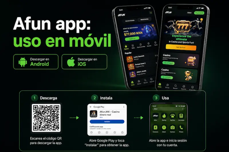 Afun app uso en móvil con interfaz de casino y apuestas en smartphone
