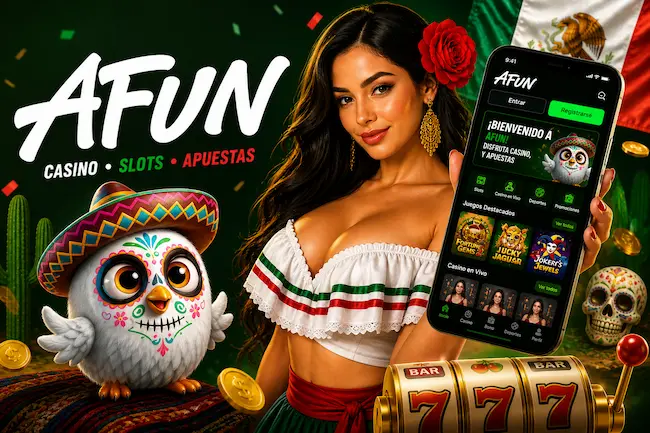 Afun casino app en México con smartphone, juegos y temática mexicana