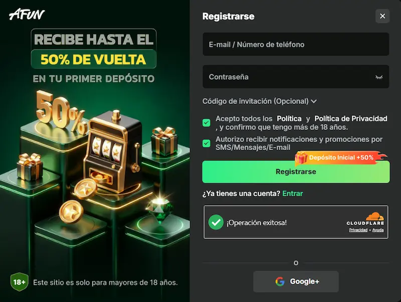 Registro y acceso a Afun con formulario de cuenta en casino online